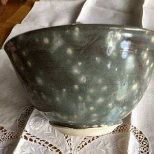 Handmade Glazed Pottery Bowl Olive Grey Blue Yellow Colors